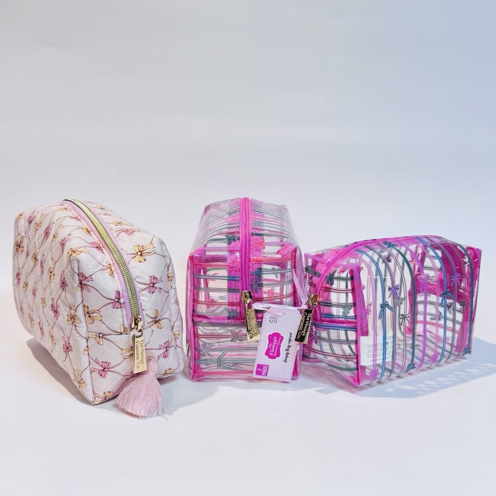 NWT The Vintage Cosmetic Co Lot of‎ 3 Makeup Bags Plastic & Quilted Pink Bows